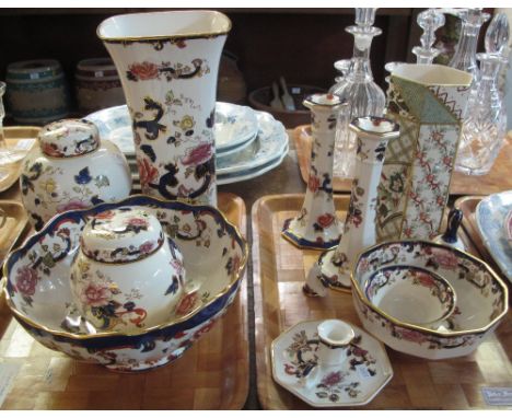 Two trays of Masons Ironstone 'Mandalay' design items to include: pair of candlesticks; two ginger jars and covers; large wai