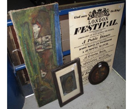 Mixed lot of odd pictures including: naive landscape in oils; portrait of an Eastern woman in pastels; reproduction enamel si