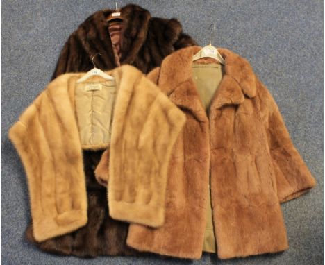 Collection of vintage fur items to include; a three quarter length dark brown fur coat, probably Musquash fur, a blonde Mink 