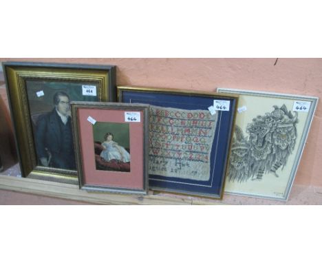 Group of assorted furnishing pictures to include: portrait of a gentleman (coloured print); small child's sampler; Balinese c