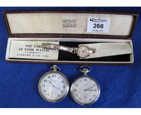 Two steel gentleman's open faced pocket watches, together with a ladies gold Garrard wristwatch with expanding bracelet, in G