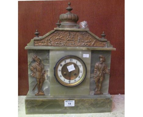 Late Victorian green onyx two train architectural mantel clock with figural decoration, French brass drum movement striking o