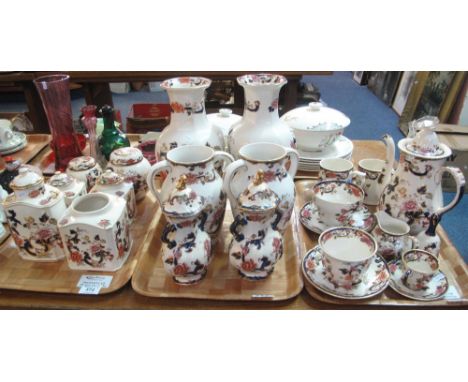 Three trays of Masons Ironstone 'Mandalay' items to include; lidded canisters; pair of large baluster vases; breakfast cup an