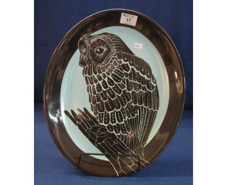 Poole Pottery 'Aegean' series oval plaque with tawny owl design, painted signatures: H.E., printed marks to base.  Presented 