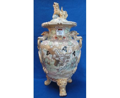 Large Japanese Kuoto Satsuma pottery Koro and cover, overall with Shi Shi decoration, geisha, flowers and brocade work and ha