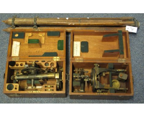 Oxidised brass Stanley surveyor's level with accessories in fitted mahogany box, together with gimbal mount in similar mahoga