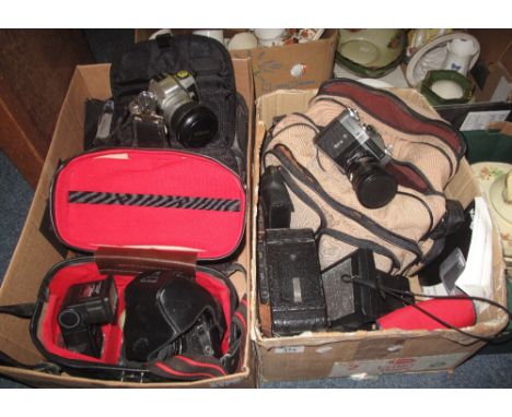 Two boxes of assorted cameras and equipment, various, to include: Zenit-E; Polaroid square shooter 2; Praktica Electronic B20