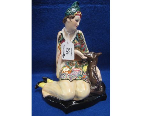 A Goldscheider with Myott Son & Company of Staffordshire pottery figure of a seated woman in art deco dress with fawn. Printe