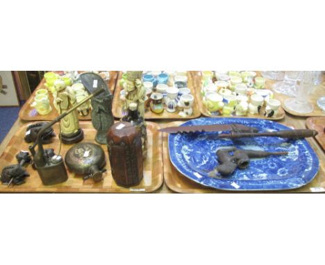 Two trays of assorted modern Oriental and other items to include: opium pipe marked: Shanghai, China; carved hardwood figural