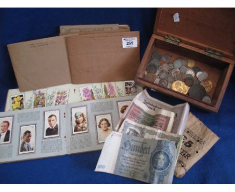 Eight albums of cigarette cards (stuck down), leather gentleman's wash bag. Together with a wooden caddy containing a collect