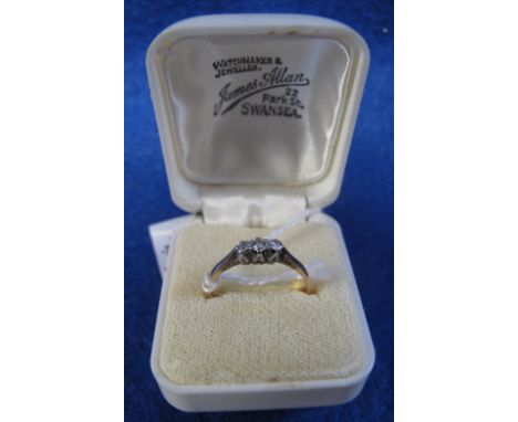 18ct gold three stone diamond engagement ring. James Allen of Swansea box. (B.P. 24% incl. VAT)