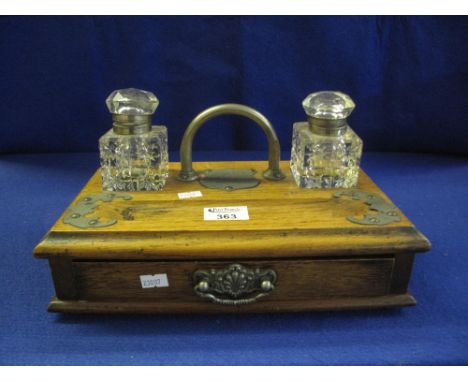 Late Victorian oak desk two section inkwell with fitted drawer and vintage writing instruments. (B.P. 24% incl. VAT)