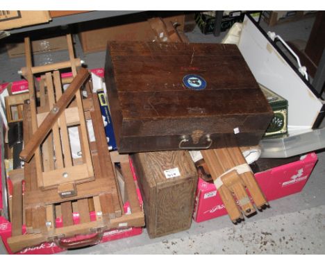 Collection of artists equipment to include: Windsor and Newton easel and another folding easel, watercolours, paints, boxes, 