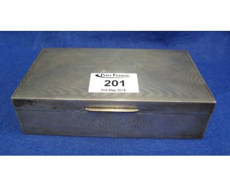 Engine turned silver cigarette box with hinged cover and wooden lining. Birmingham hallmark. 435g overall approx. (B.P. 24% i