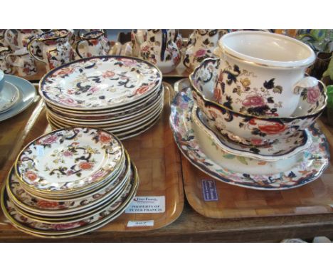Two trays of Masons Ironstone 'Mandalay' design items to include: large pedestal fruit bowl; two handled planter; dinner and 