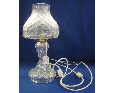 Heavy cut lead crystal glass mushroom shaped table lamp and shade.  41cm high approx.(B.P. 24% incl. VAT)