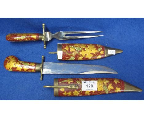 Eastern carving fork and knife in brass mounted scabbards, overall with painted floral decoration. (2) (B.P. 24% incl. VAT)