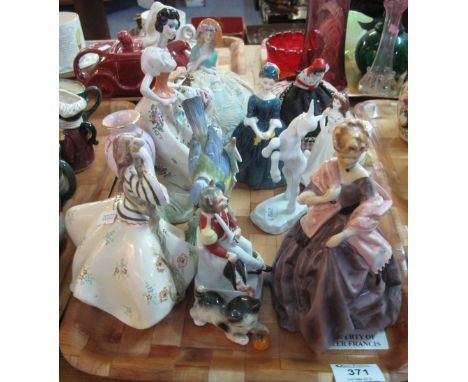 Tray of assorted figurines to include: Continental pin cushion dolls; Coalport 'Savannah'; Royal Doulton 'Cherie', HN2431; Ro