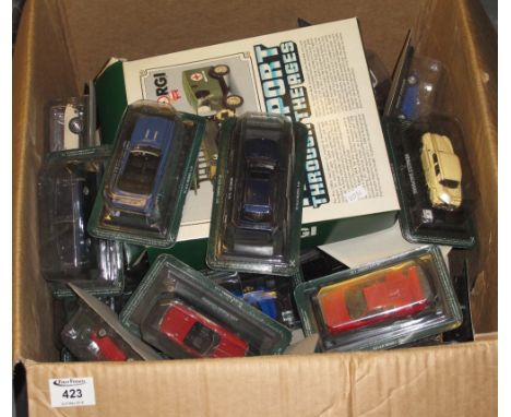 Large box of assorted diecast model vehicles in original packaging to include: Corgi transport through the ages scale model 1