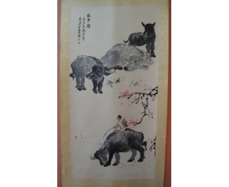 Large Chinese wall hanging scroll depicting young boy with buffalo and other buffalo, bearing signatures and script. 137 x 67