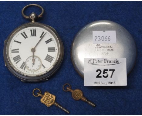 Engine turned silver open faced key wind pocket watch with Chester hallmarks, Roman enamel face with seconds dial. Within pro