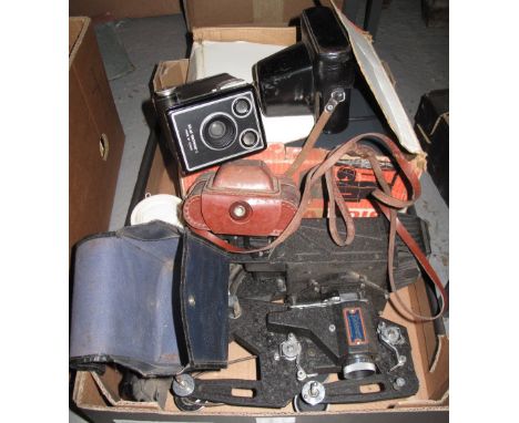 Box of assorted vintage and other cameras and equipment to include: Zenit 6-20 Brownie C by Kodak, vintage pathoscope etc. (B