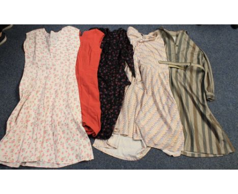 Box of vintage dresses to include; various print dresses, a red Marks & Spencer's shift dress, two long velvet dresses (one b