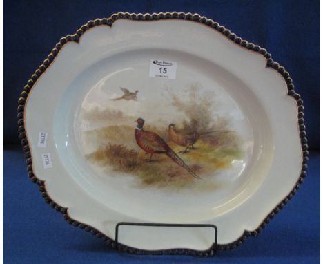 Royal Worcester porcelain meat dish with gilded Royal blue gadrooned and indented rim around central field painted with pheas