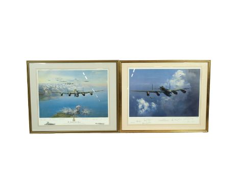 Two (2) Avro Lancaster Bomber art prints by Frank Wootton, both signed limited editions showing Second World War heavy bomber