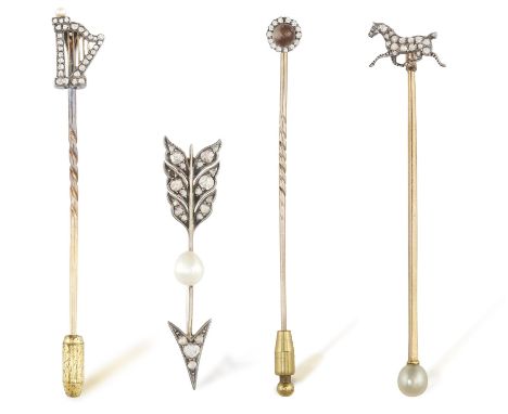 A GROUP OF THREE LATE 19TH CENTURY DIMAOND TIE PINS AND A BROOCHComposed of one pin with a rose-cut Irish Harp, a second with