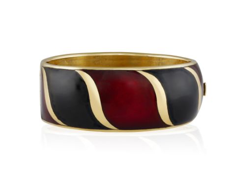 AN ENAMEL BANGLE, BY BULGARI, CIRCA 1970The hinged bangle, decorated with applied black and burgundy enamel or lacquer throug