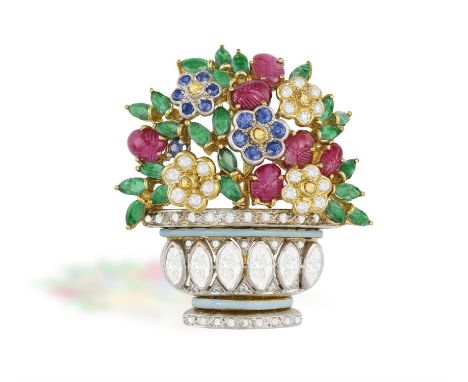 A GEM-SET AND ENAMEL GIARDINETTO BROOCHThe flower basket embellished with a row of marquise-shaped diamonds between blue enam