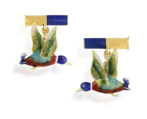 A PAIR OF ENAMEL CUFFLINKS, BY GUCCIEach frontispiece modelled as a flying duck decorated with various colours of enamel with