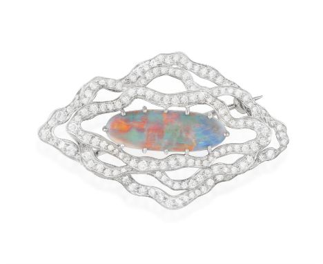 AN OPAL AND DIAMOND BROOCH, BY GEOFFREY TURK, 1987Of openwork design, the central elongated opal cabochon, within wavy openwo