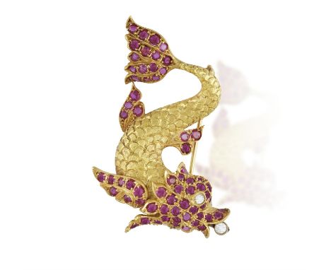 A RUBY AND DIAMOND 'NOVELTY' BROOCH, BY G. NARDI, CIRCA 1955The textured gold body embellished with circular-cut rubies for s