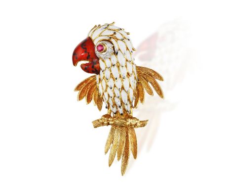 A GEM-SET AND ENAMEL NOVELTY BROOCH, CIRCA 1960Modelled as a stylised parrot perched on a branch, the black and white enamel 