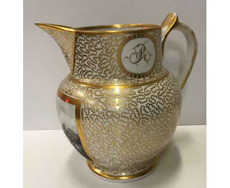 A Worcester Chamberlain jug with all over gilt decoration initialled "R" to the cartouches on the rim and set with image of a