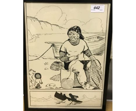 ERN SHAW "Golly and Teddy approaching a fisherman, mending nets", pen and ink, signed lower left, with further silhouette stu