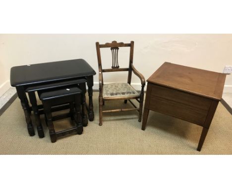 A modern stained oak nest of three occasional tables, a stained beech child's elbow chair and a 19th Century mahogany commode