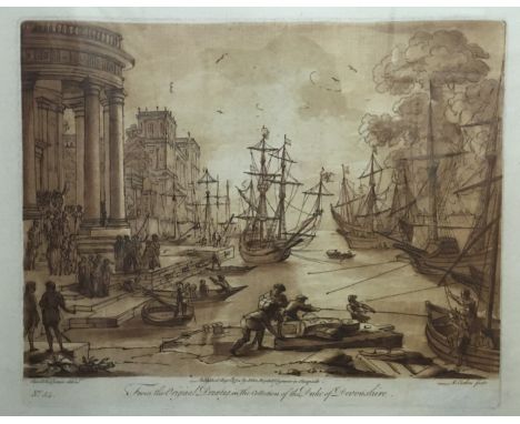 AFTER CLAUDE LE LORRAIN "Quayside scene with figures", sepia print by R EARLOM from the original drawing in the collection of