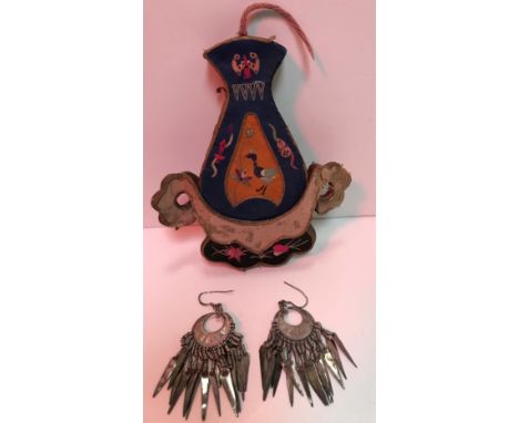A pair of 20th Century Eastern white metal drop earrings of medallion form with multiple arrow head drops 34 g total 7.5 cm l