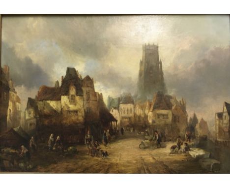 ALFRED MONTAGUE (Fl. 1832-1885) “Town scene with figures, a church tower rising in background”, oil on canvas, signed and dat