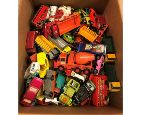 A box of assorted Lesney and Matchbox mainly toy cars to include a No. 48 Pi-Eyed Piper, No. 71 cattle truck, a Readymix conc