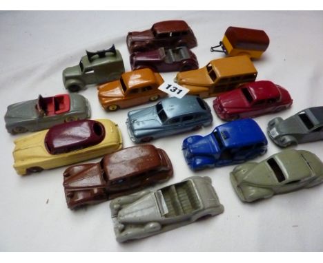 DINKY TOYS 15 U/B POST WAR DINKY TOYS, CARS TAXIS, STATION WAGON, LOUD SPEAKER VAN, LAGONDA, SIMCA 2 CV