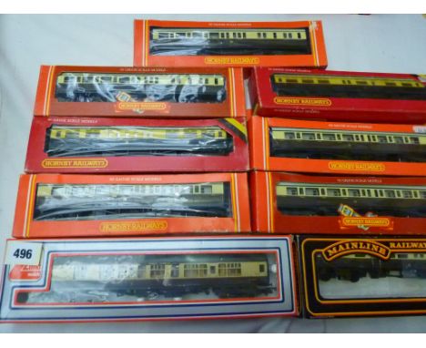 HORNBY 7 GWR COACHES, 1 MAINLINE & 1 LIMA COACHES, COMP. R456 X3, R454, R457 X2, 37-318