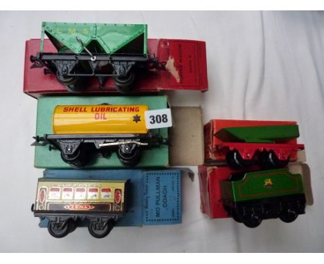 HORNBY 0 GAUGE BOXED ROLLING STOCK : NO 50 TANK WAGON, SHELL IN GREEN BOX, LMS HOPPER, MO PULLMAN M1 TENDER