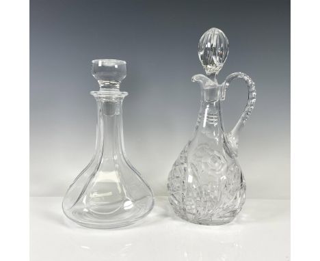 Cut crystal ewer is stunning with designed handle, rose and leaf design on base with stopper 12.5"H. Modernist long neck deca