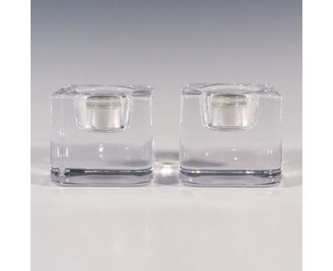 Duo of thick clear crystal cubic shapes, includes tealights, certificates and the original boxes, dimensions: 4''L x 4''W x 3