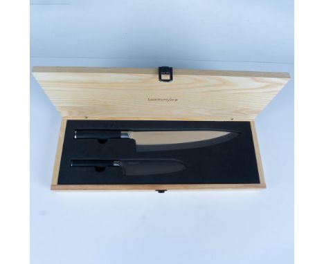 Handcrafted Japanese Ibaraki steel blades. A 10-inch Chef knife and a 5.5-inch utility knife. High quality steel and hand mad