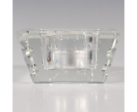 Elegant thick clear crystal. Includes tealight candle and the original box, dimensions: 4.5''L x 4.5''W x 2.75''H. Dimensions